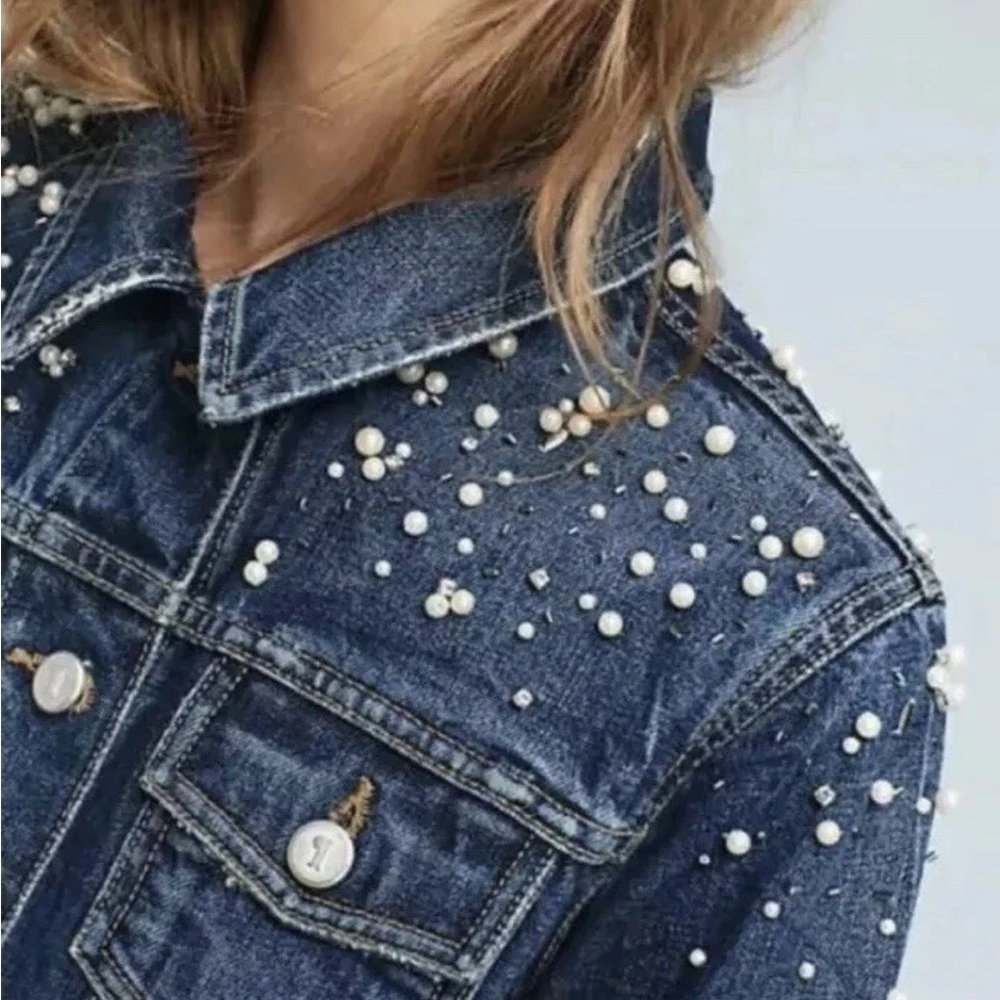 Anthropologie Pilcro Pearled Denim Trucker Jacket Size Medium - Picture 3 of 6